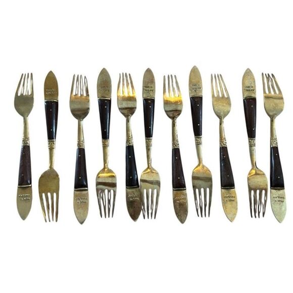 Vintage 11 Set Rosewood Brass Bronze Thailand Flatware 1960’s MCM Dinner Forks - Picture 2 of 2